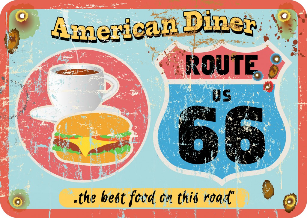 vintage route 66 diner sign, retro style, vector illustration